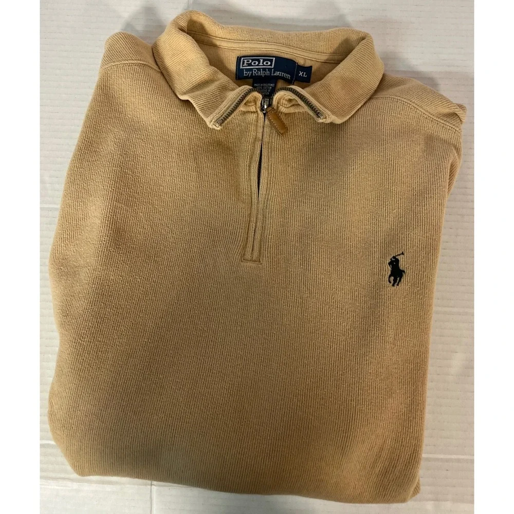 Polo Ralph Lauren Quarter Zip Pullover Mens XL Tan Beige Ribbed Cotton Sweater